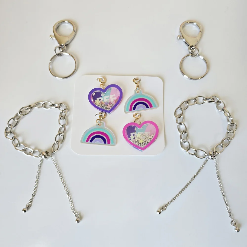 👭🌈Colorful BFF Keychain and Silver  Chain Non-tarnish Bracelets‎ Set
